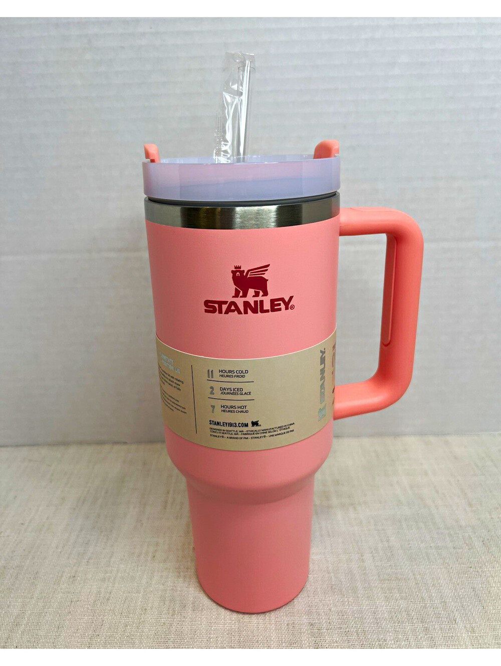 Stanley Tumbler Pink 40 oz Insulated With Handle Drink Through Lid Straw